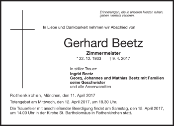 Traueranzeige von Gerhard Beetz von Neue Presse Coburg