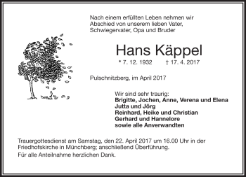 Traueranzeige von Hans Käppel von Frankenpost