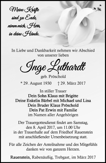 Traueranzeige von Inge Luthardt von Südthüringer Presse