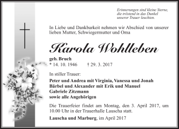 Traueranzeige von Karola Wohlleben von Südthüringer Presse
