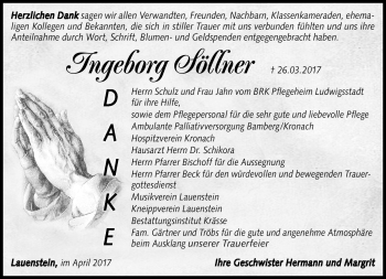 Traueranzeige von Ingeborg Söllner von Neue Presse Coburg
