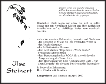 Traueranzeige von Ilse Steinert von Südthüringer Presse