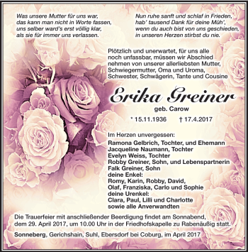 Traueranzeige von Erika Greiner von Südthüringer Presse