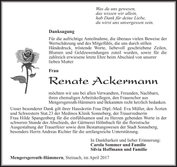 Traueranzeige von Renate Ackermann von Südthüringer Presse