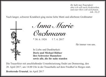Traueranzeige von Anna Marai Oschmann von Südthüringer Presse