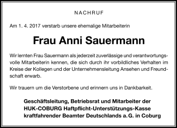 Traueranzeige von Anni Sauermann von Neue Presse Coburg