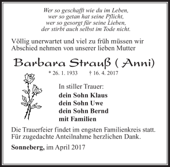 Traueranzeige von Barbara Strauß von Südthüringer Presse