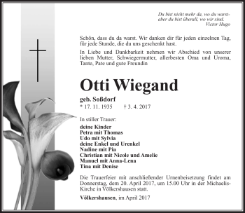 Traueranzeige von Otti Wiegand von Südthüringer Presse