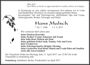 Traueranzeige von Hans Malsch von Südthüringer Presse