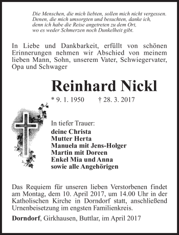 Traueranzeige von Reinhard Nickl von Südthüringer Presse