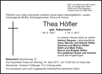 Traueranzeige von Thea Höfler von Neue Presse Coburg