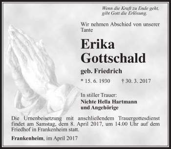Traueranzeige von Erika Gottschald von Südthüringer Presse