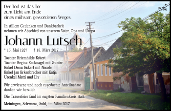 Traueranzeige von Johann Lutsch von Südthüringer Presse