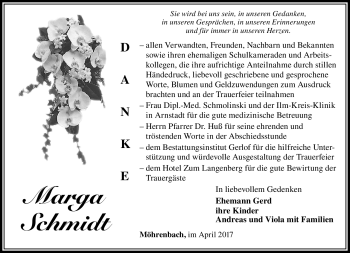 Traueranzeige von Marga Schmidt von Südthüringer Presse
