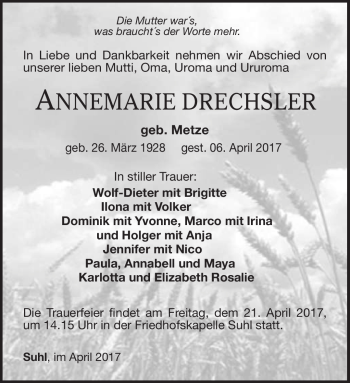 Traueranzeige von Annemarie Drechsler von Südthüringer Presse