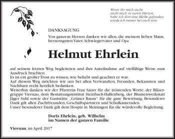 Traueranzeige von Helmut Ehrlein von Südthüringer Presse