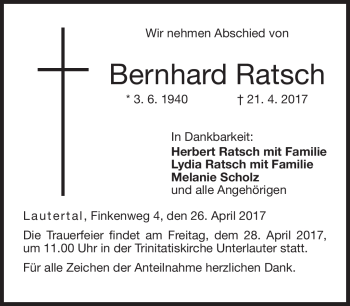 Traueranzeige von Bernhard Ratsch von Neue Presse Coburg
