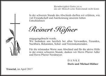 Traueranzeige von Reinert Häfner von Südthüringer Presse