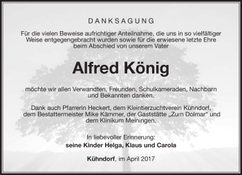 Traueranzeige von Alfred König von Südthüringer Presse