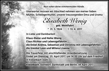 Traueranzeige von Elisabeth Wenig von Südthüringer Presse