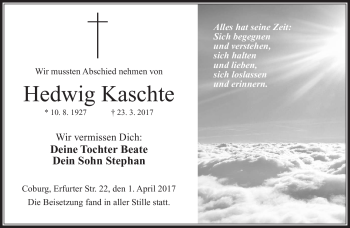 Traueranzeige von Hedwig Kaschte von Neue Presse Coburg