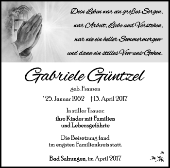 Traueranzeige von Gabriele Güntzel von Südthüringer Presse