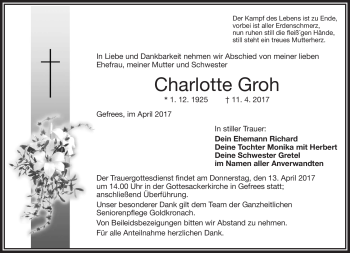 Traueranzeige von Charlotte Groh von Frankenpost