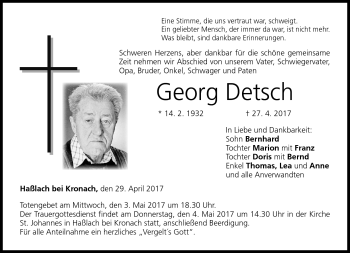 Traueranzeige von Georg Detsch von Neue Presse Coburg
