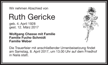 Traueranzeige von Ruth Gericke von Frankenpost