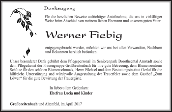 Traueranzeige von Werner Fiebig von Südthüringer Presse