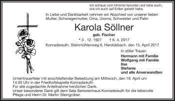 Traueranzeige von Karola Söllner von Frankenpost