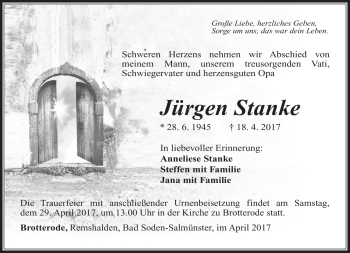 Traueranzeige von Jürgen Stanke von Südthüringer Presse