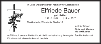 Traueranzeige von Elfriede Bauer von Frankenpost