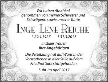 Traueranzeige von Inge-Lene Reiche von Südthüringer Presse