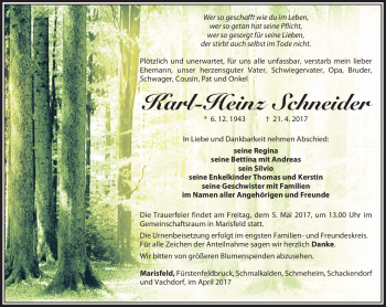 Traueranzeige von Karl-Heinz Schneider von Südthüringer Presse