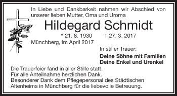 Traueranzeige von Hildegard Schmidt von Frankenpost