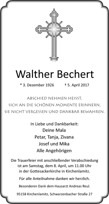 Traueranzeige von Walther Bechert von Frankenpost