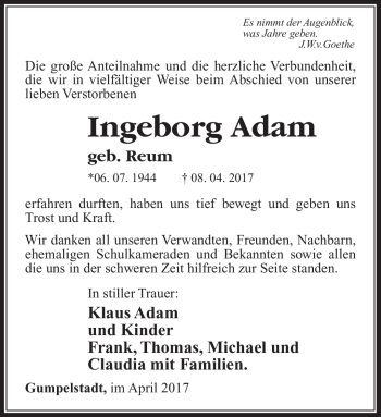 Traueranzeige von Ingeborg Adam von Südthüringer Presse