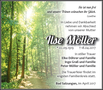 Traueranzeige von Ilse Möller von Südthüringer Presse