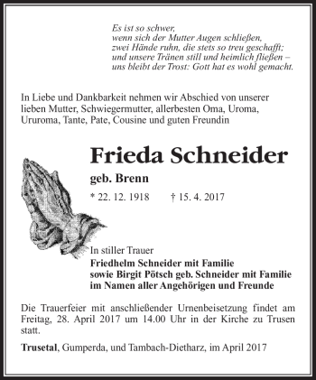 Traueranzeige von Frieda Schneider von Südthüringer Presse