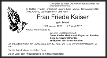 Traueranzeige von Frieda Kaiser von Frankenpost