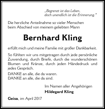 Traueranzeige von Bernhard Kling von Südthüringer Presse