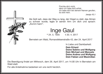 Traueranzeige von Inge Gaul von Frankenpost