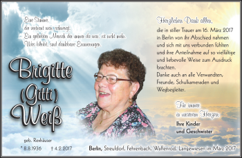 Traueranzeige von Weiß Brigitte von Südthüringer Presse