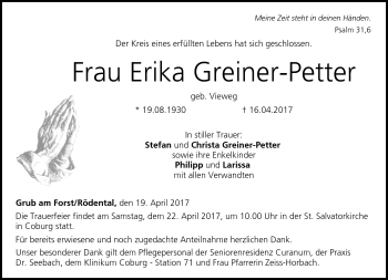 Traueranzeige von Erika Greiner-Petter von Neue Presse Coburg