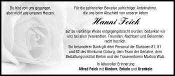 Traueranzeige von Hanni Feick von Neue Presse Coburg