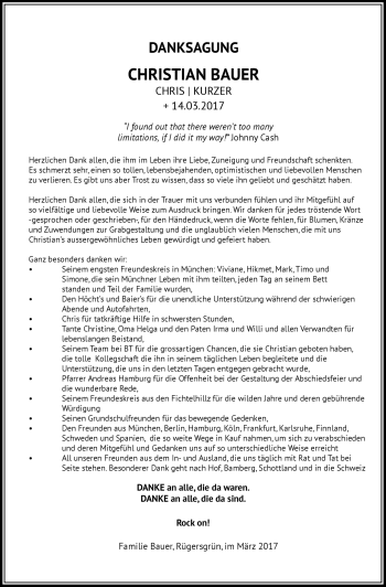 Traueranzeige von Christian Bauer von Frankenpost