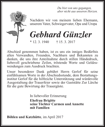 Traueranzeige von Gebhard Günzler von Südthüringer Presse