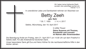 Traueranzeige von Betty Zeeh von Frankenpost