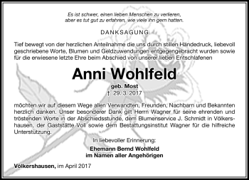 Traueranzeige von Anni Wohlfeld von Südthüringer Presse